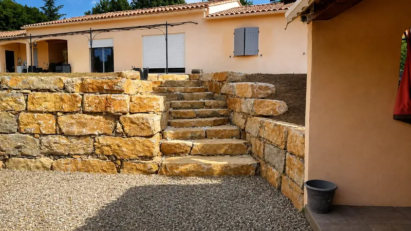 Mur de soutènement en pierres sèches et escalier calcaire devant une villa varoise