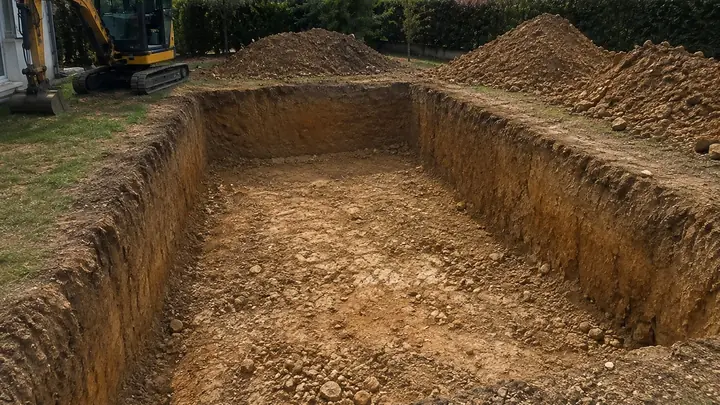 Fouille de piscine décaissée aux cotes du constructeur, mini-pelle et tas de déblais sur un chantier varois